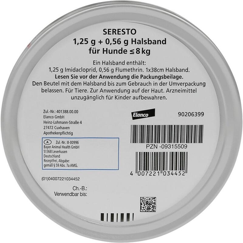 SERESTO 1,25g + 0,56g Halsband für Hunde bis 8kg